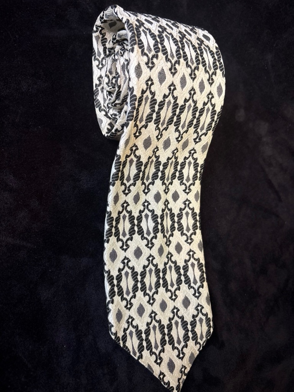 VTG Geometric Scroll Block Silk Necktie OS BLK Silver 90s Gothic Formal VGUC